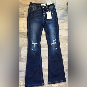 Kancan Button Distressed Blue Wide Leg Women's Jeans